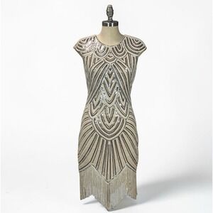 Flapper Dress Women Small Champagne Sequin Beaded Fringe Gatsby Cocktail Evening